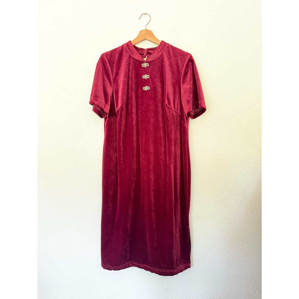 Whirlaway Frocks Velvet Dress Women 16WP Burgundy Vintage 90s Cheongsam Shift